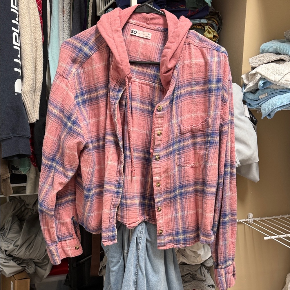 SO Pink and Blue Plaid Hooded Button-Up Shirt